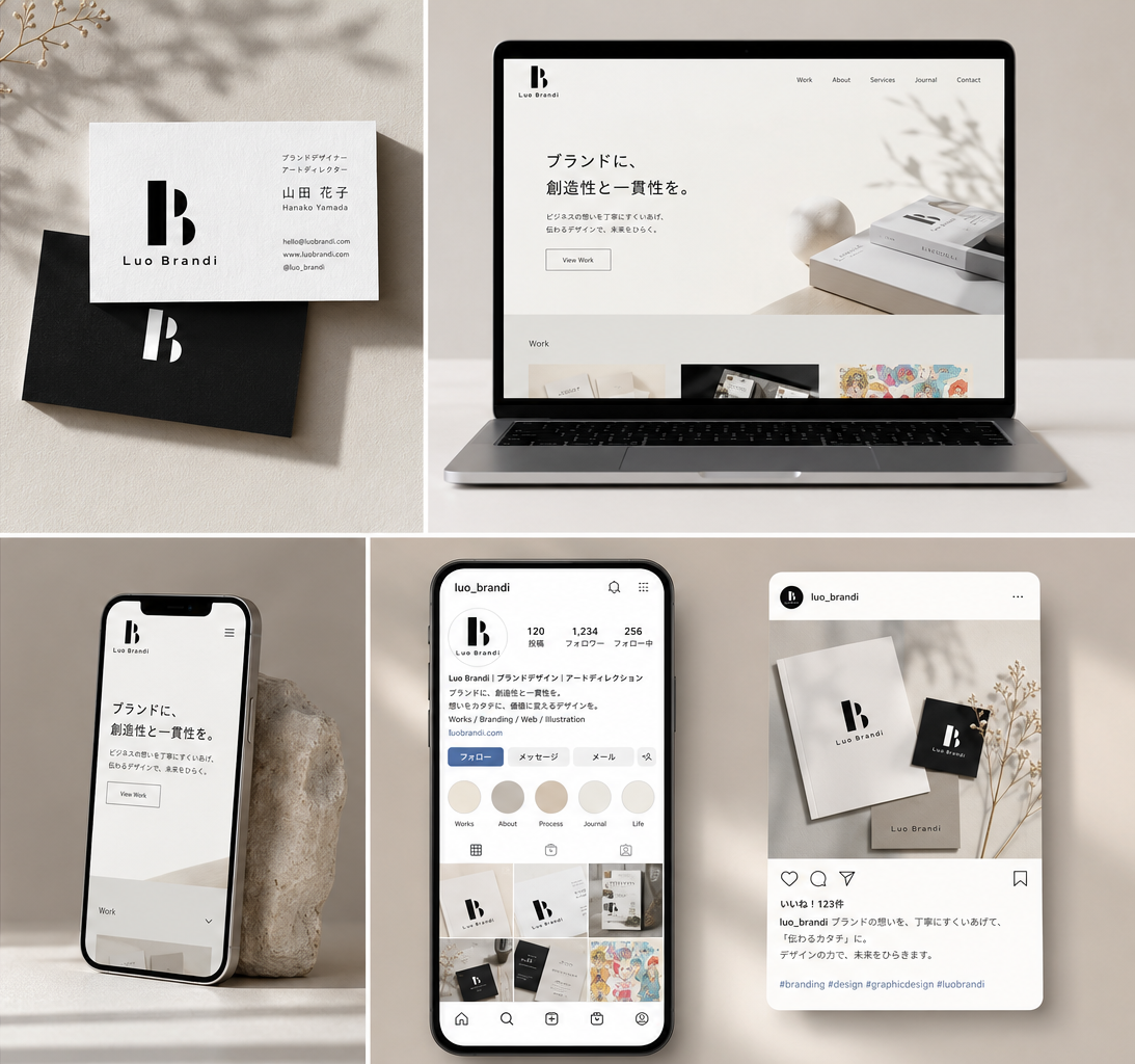 Luo Brandiのブランド展開イメージ。名刺、Webサイト、スマートフォン、SNSのデザインモックアップ